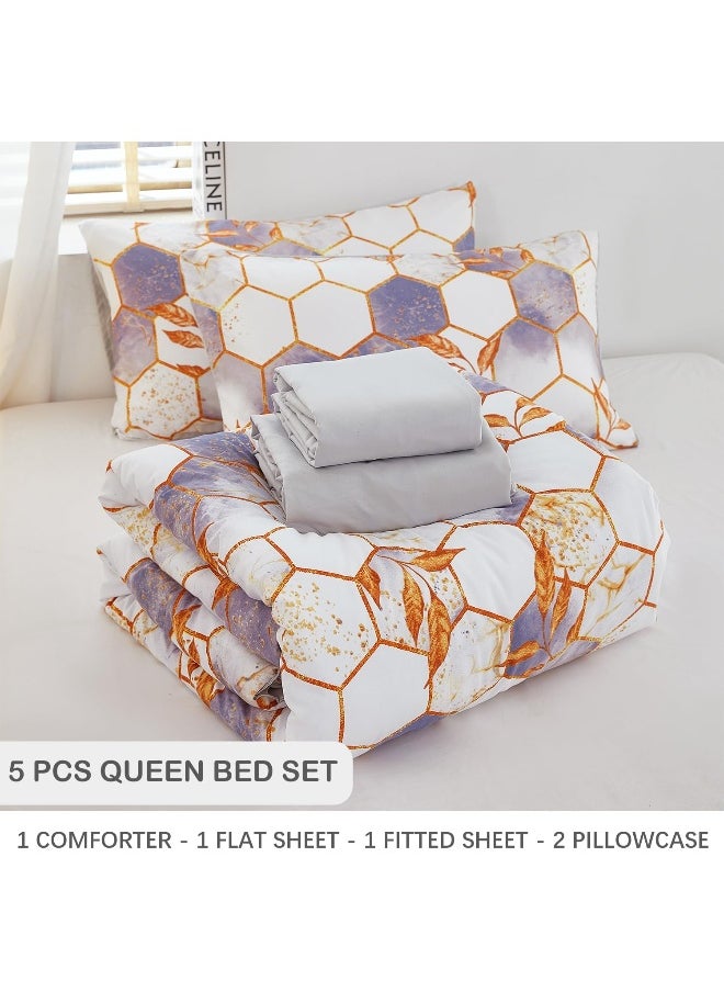 Generic URBONUR Queen Bed in a Bag 5 Pieces White/Purple 3D Geometric Hexagon Comforter Set Marble Printed with Gold Leaf Bedding Sets  - Image 4
