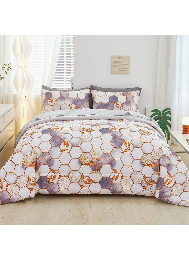 Generic URBONUR Queen Bed in a Bag 5 Pieces White/Purple 3D Geometric Hexagon Comforter Set Marble Printed with Gold Leaf Bedding Sets  - Image 2
