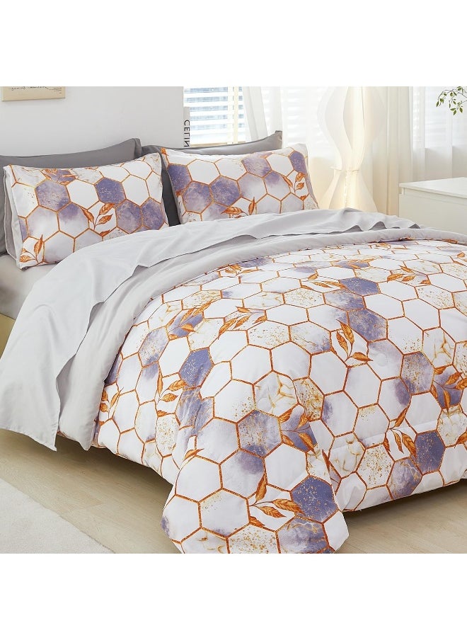 Generic URBONUR Queen Bed in a Bag 5 Pieces White/Purple 3D Geometric Hexagon Comforter Set Marble Printed with Gold Leaf Bedding Sets  - Image 1
