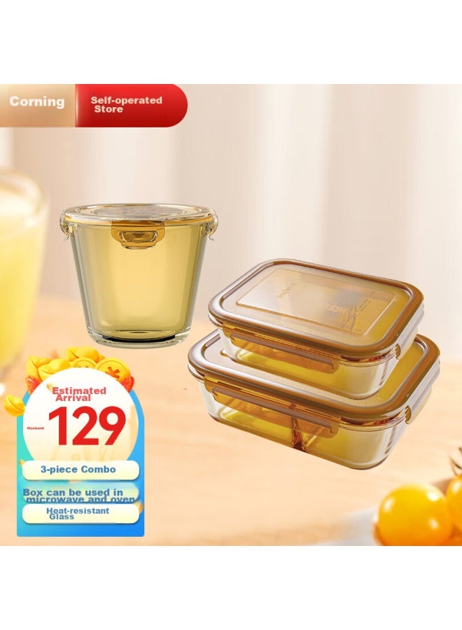 Visions Corning Amber-colored Food Storage Containers, Heat-resistant Glass Lunch Boxes, 3-piece Set, 600ml+700ml+980ml - Image 1