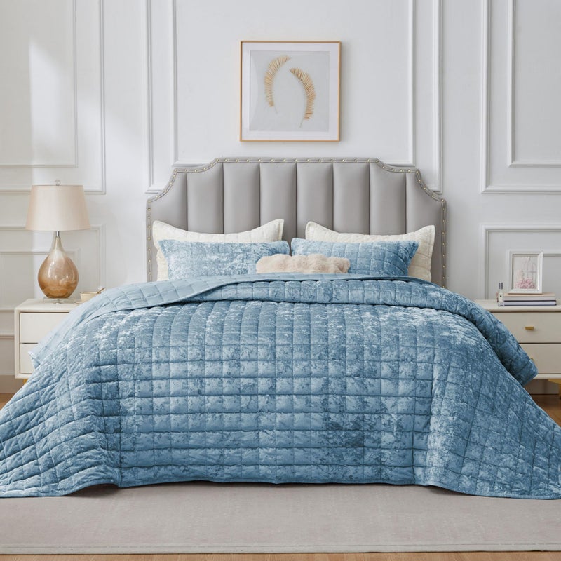 BEDELITE Velvet Quilt Set Queen Size - Luxury Velvet Comforter Bedding Set 3 Pieces, Lightweight Soft Cozy Shiny Dusty Blue Oversized Bedspread Coverlet for All Seasons with 2 Pillow Shams - Image 2
