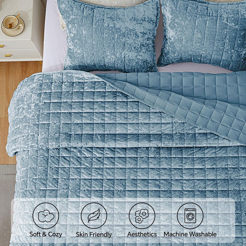 BEDELITE Velvet Quilt Set Queen Size - Luxury Velvet Comforter Bedding Set 3 Pieces, Lightweight Soft Cozy Shiny Dusty Blue Oversized Bedspread Coverlet for All Seasons with 2 Pillow Shams - Image 4