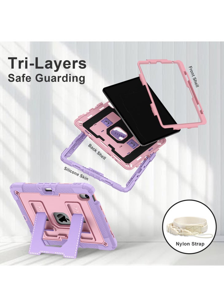 Tablet Case for iPad Air 11 (2025)/(2024)/iPad Air (2022)/(2020) Anti Drop PC+Silicone Cover with Kickstand Strap - Purple/Rose Gold - Image 2