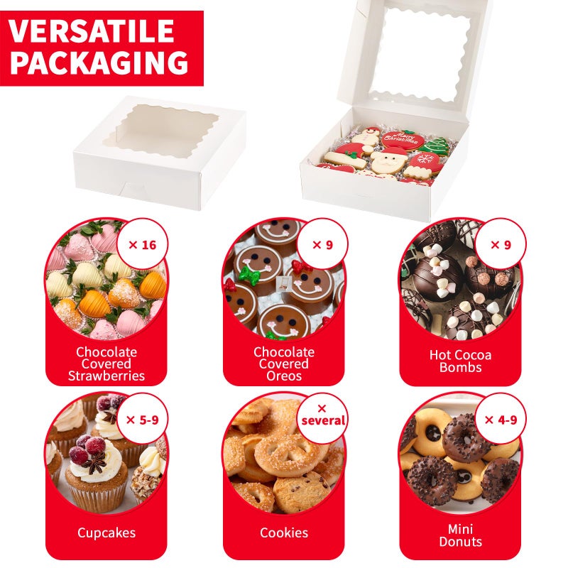 Ocmoiy 8 X 8 X 2.5 Inch Bakery Boxes  20 Pack Auto-Popup Pie Boxes With Window  White Cookie Treat Boxes For Chocolate Covered Strawberries  Cocoa Bombs  Donuts  Muffins  Pastries - Image 4