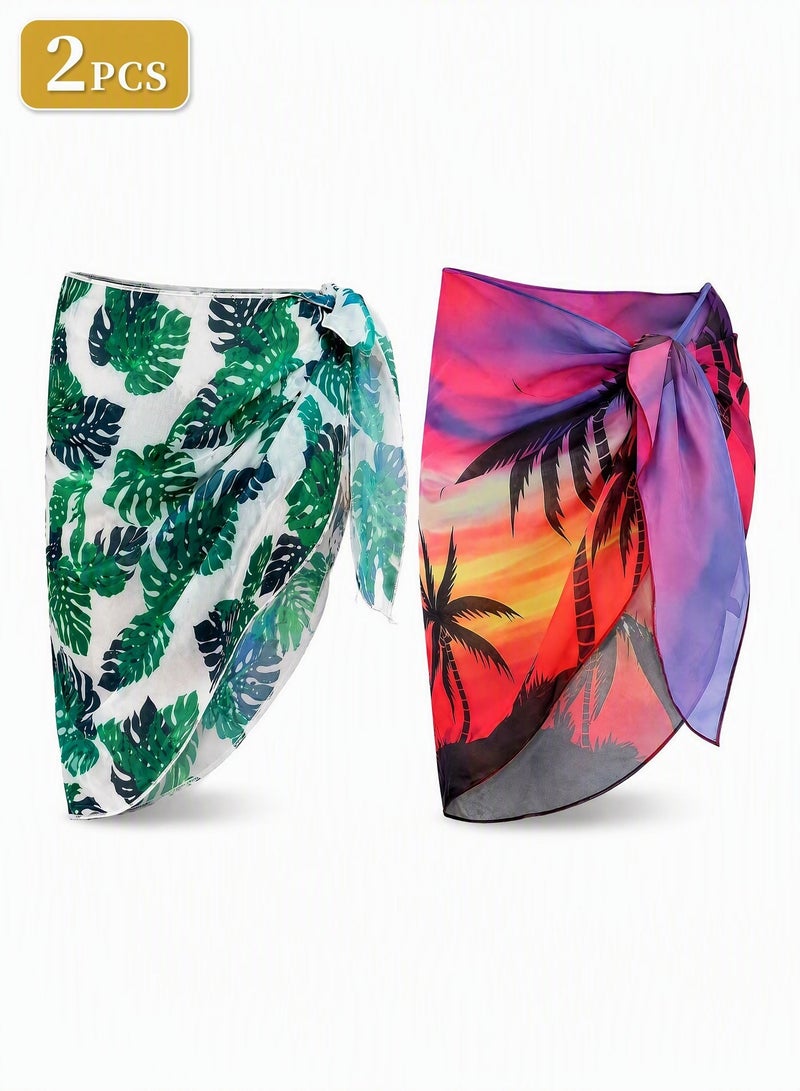 2pcs Women Beach Sarong Bathing Suit Wrap Skirt Sheer Bikini Swimsuit Cover Ups Short Skirt Chiffon Scarf for Swimwear - Image 1