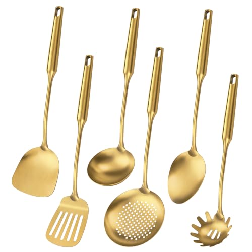 Lazycorner 304 Stainless Steel Cooking Utensil,Kitchen Utensil with Spatula, Solid Spoon, Ladle, Skimmer, Spaghetti Spoon, 6 Piece Set, Dishwasher Safe(Gold) - Image 1