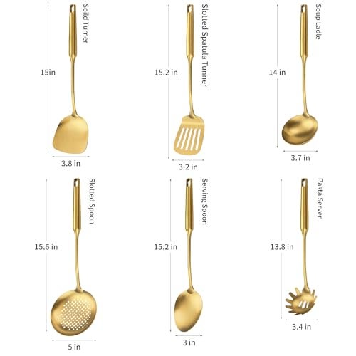 Lazycorner 304 Stainless Steel Cooking Utensil,Kitchen Utensil with Spatula, Solid Spoon, Ladle, Skimmer, Spaghetti Spoon, 6 Piece Set, Dishwasher Safe(Gold) - Image 2