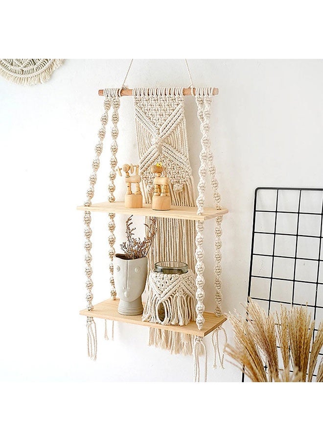 2 Tier Boho Wood Wall Hanging Shelf, Modern Chic Handmade Macrame Tapestries, Tiered Wall Plant Hanger Shelves, Woven Bohemian Wall Floating Shelves, Storage Planter Rack, Pot Stand Holder, Rustic Wall Decor for Balcony, Living Room, Bedroom, Apartment, Dorm, Nursery, 32cm*15cm*70cm - Image 1