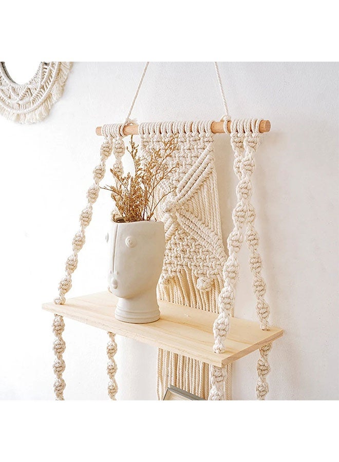 2 Tier Boho Wood Wall Hanging Shelf, Modern Chic Handmade Macrame Tapestries, Tiered Wall Plant Hanger Shelves, Woven Bohemian Wall Floating Shelves, Storage Planter Rack, Pot Stand Holder, Rustic Wall Decor for Balcony, Living Room, Bedroom, Apartment, Dorm, Nursery, 32cm*15cm*70cm - Image 2