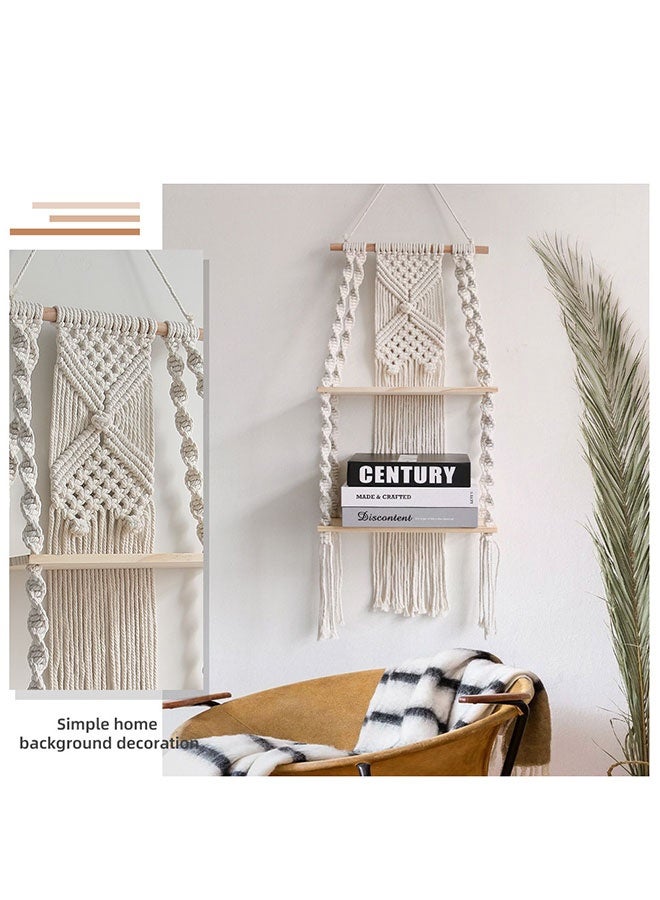 2 Tier Boho Wood Wall Hanging Shelf, Modern Chic Handmade Macrame Tapestries, Tiered Wall Plant Hanger Shelves, Woven Bohemian Wall Floating Shelves, Storage Planter Rack, Pot Stand Holder, Rustic Wall Decor for Balcony, Living Room, Bedroom, Apartment, Dorm, Nursery, 32cm*15cm*70cm - Image 4