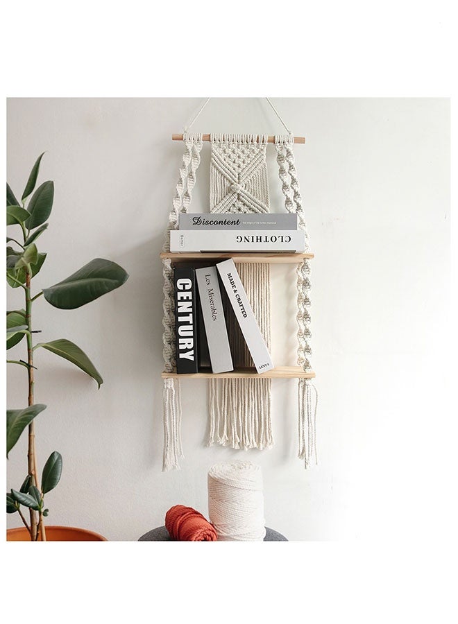 2 Tier Boho Wood Wall Hanging Shelf, Modern Chic Handmade Macrame Tapestries, Tiered Wall Plant Hanger Shelves, Woven Bohemian Wall Floating Shelves, Storage Planter Rack, Pot Stand Holder, Rustic Wall Decor for Balcony, Living Room, Bedroom, Apartment, Dorm, Nursery, 32cm*15cm*70cm - Image 5