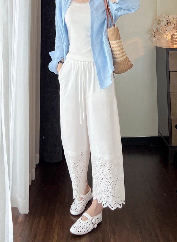 Madam Uniq Spring/Summer New Embroidered High-Waisted Straight-Leg Wide-Leg Casual Pants  - Image 1