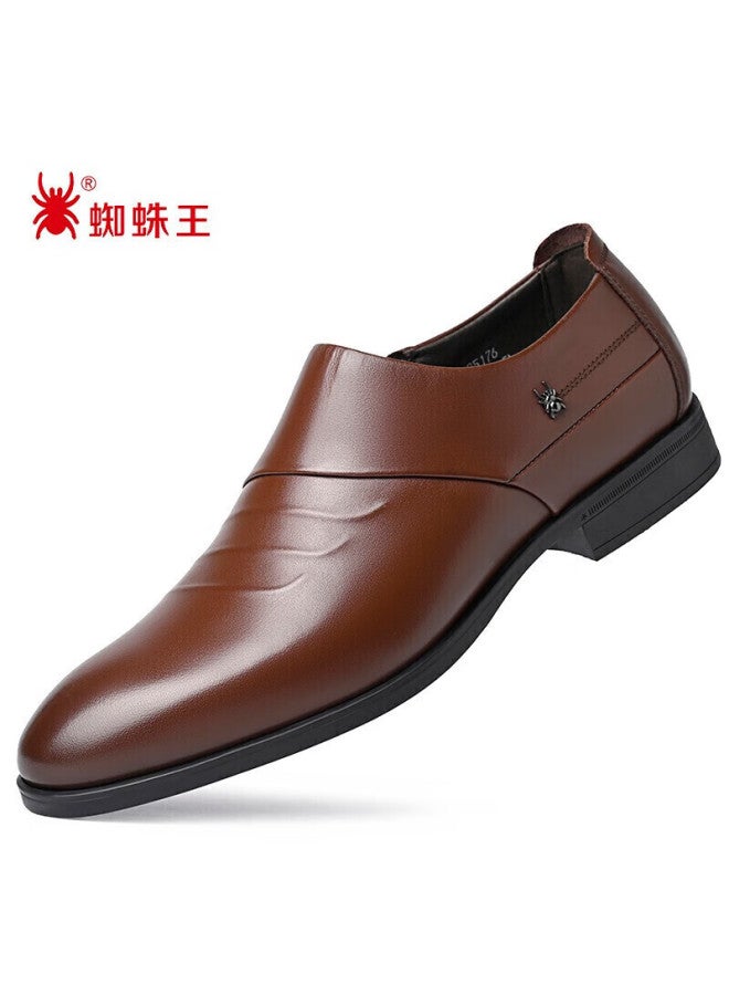 Spider King Leather Shoes For Men, British Style Cowhide Formal Business Casual Slip-on Low-top Pointed Toe Wedding Shoes, Brown, Size 39