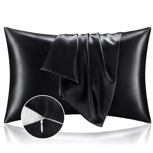 BEDELITE Satin Pillowcase with Zipper, Black King Size Pillow Cases Set of 2, Super Soft and Cooling Similar to Silk Pillow Cases, Gift for Women Men(20x36 Inches) - Image 1