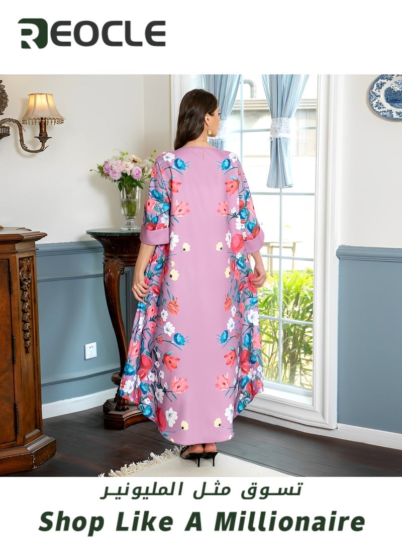 REOCLE Women's Muslim Abaya Dress One-Piece V Neck Bronzing Dress Islamic Full Length Kaftan Daily Casual Dress  - Image 3