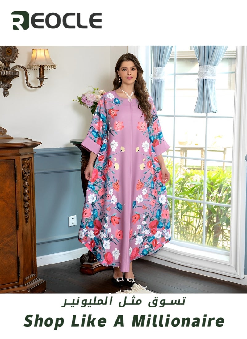 REOCLE Women's Muslim Abaya Dress One-Piece V Neck Bronzing Dress Islamic Full Length Kaftan Daily Casual Dress  - Image 2