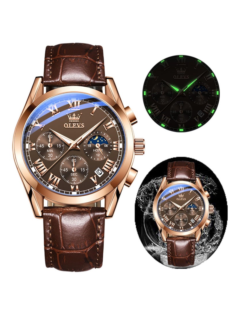 أوليفز ساعات كوارتز كرونوغراف للرجال من OLEVS، هيكل ذهبي بسوار جلدي مع تاريخ نهاري، ساعة يد من الفولاذ المقاوم للصدأ مقاومة للماء، ساعات مضيئة للرجال، الموضة والترفيه - Image 1