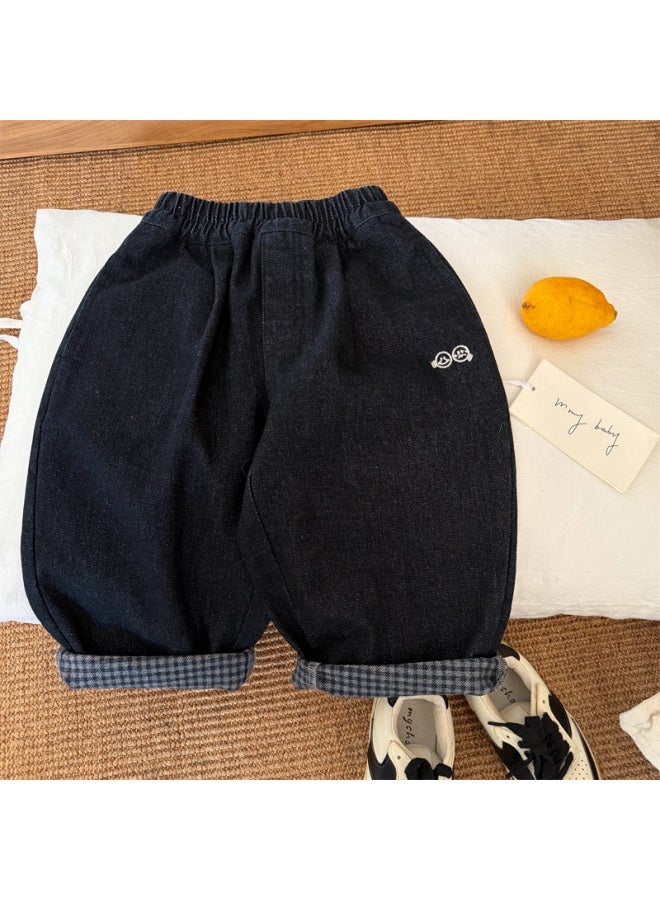 Children's Pants 2026 Squinting Eyes Spring Boys And Girls Loose Fit Jeans Baby Simple Embroidery Wide Leg Pants