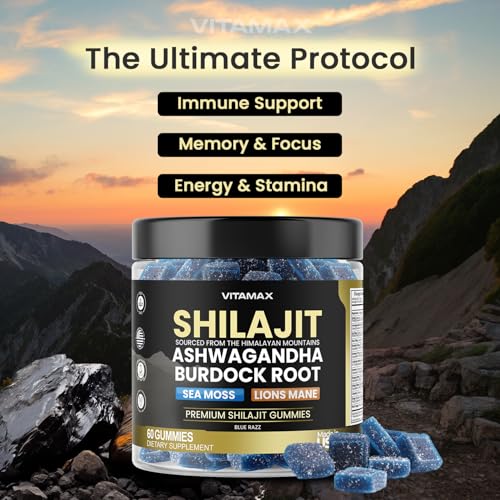 Vitamax جومي شيلاجيت العضوي، موس البحر، أشواغاندا، 105+ معادن نادرة – جذر الأرقطيون العضوي وفطر ليوينز ماني – بلو راز – نباتي وغير معدل وراثيًا – صنع في الولايات المتحدة الأمريكية – 60 حبة - Image 2