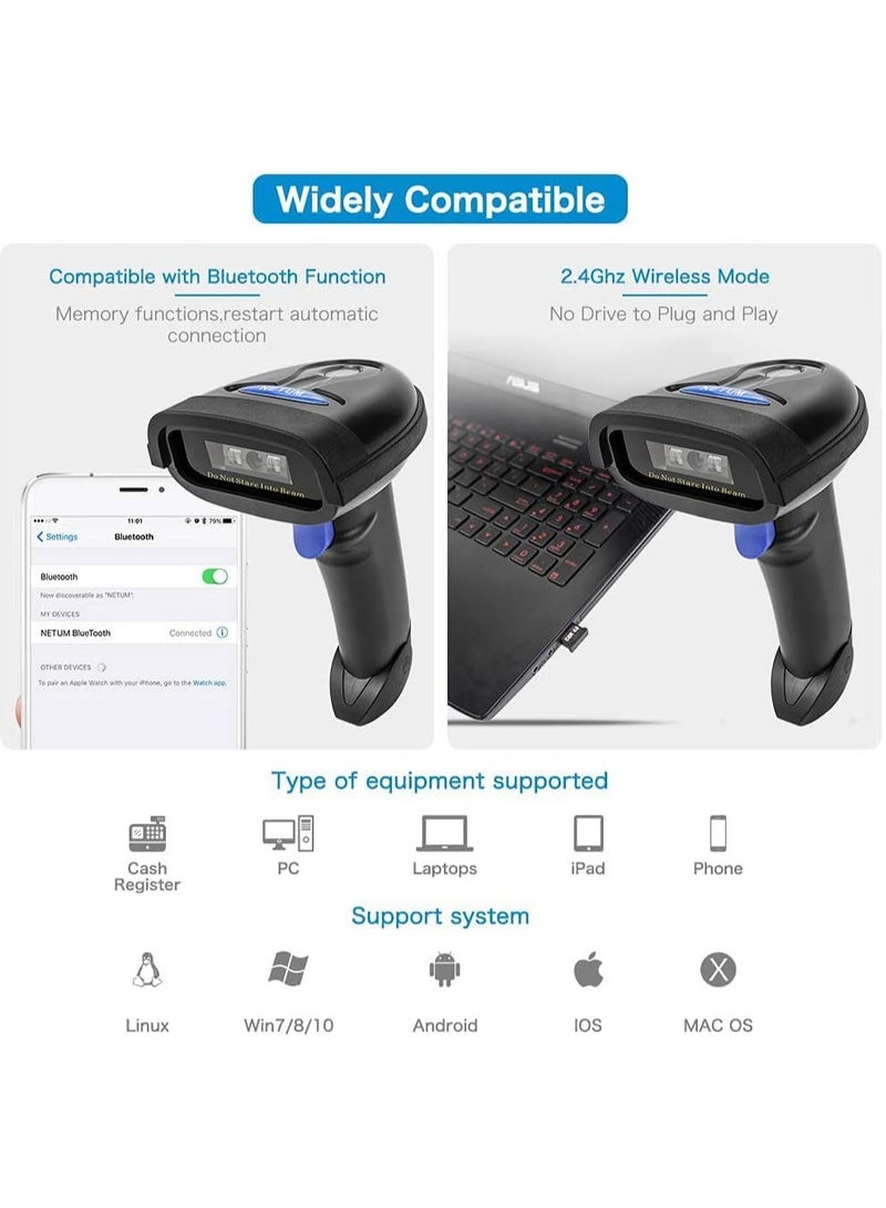 2D Barcode Scanner, Compatible with 2.4G Wireless & Bluetooth & USB Wired Connection, Connect Smart Phone, Tablet, PC, CCD Bar Code Reader Work with Windows, Mac, Android - Image 3