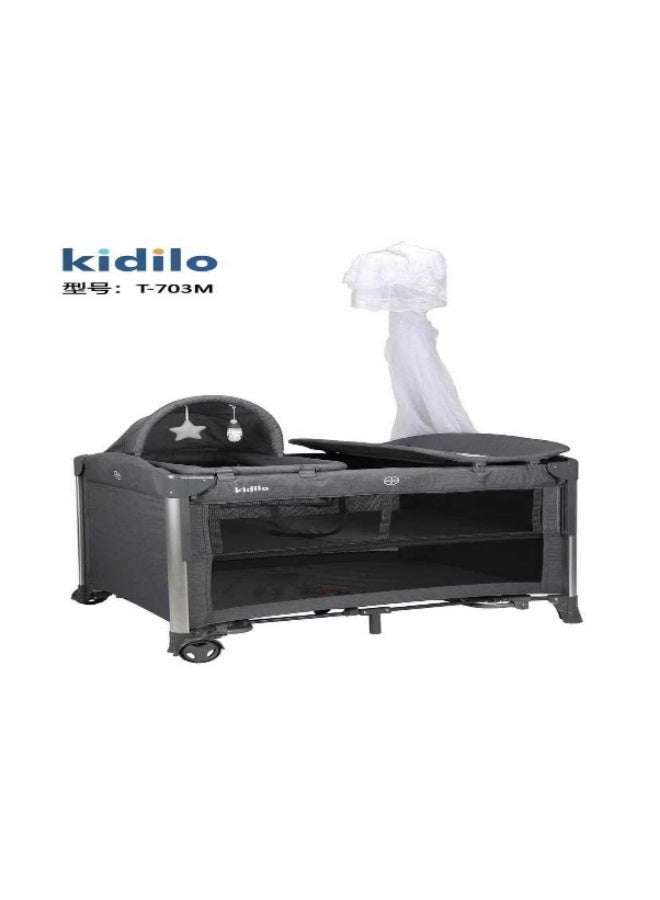 Kidilo (T-703M) Multifunctional Baby Travel Cot - Portable Bassinet, Changing Station & Playpen with Mosquito Net - Dark Grey.