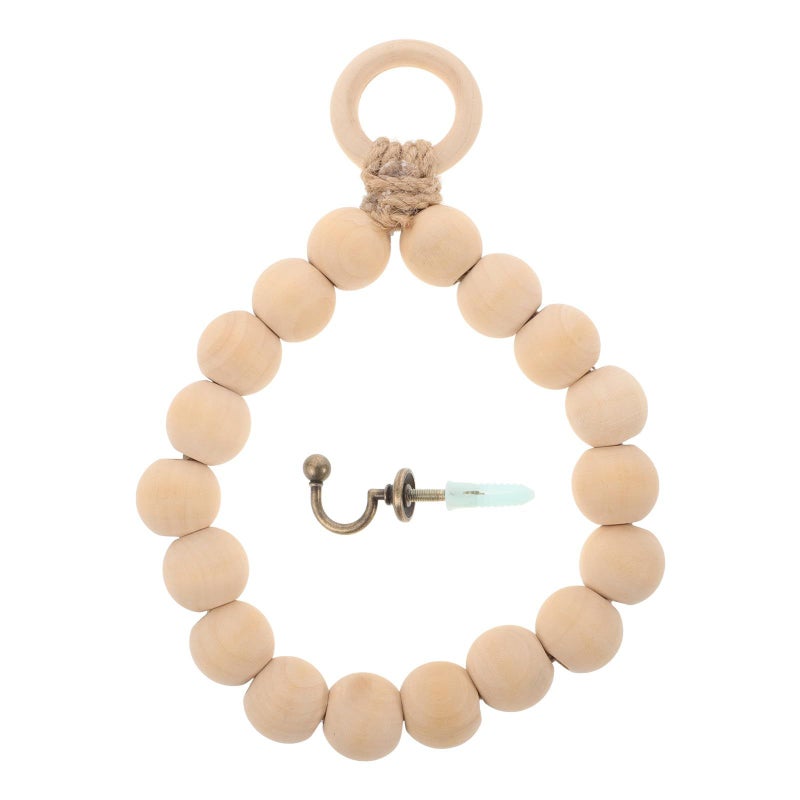 Wood Bead Towel Holder Wall Mounted Bathroom Towel Ring With Jute Rope Hook 20cm Diameter - Image 2