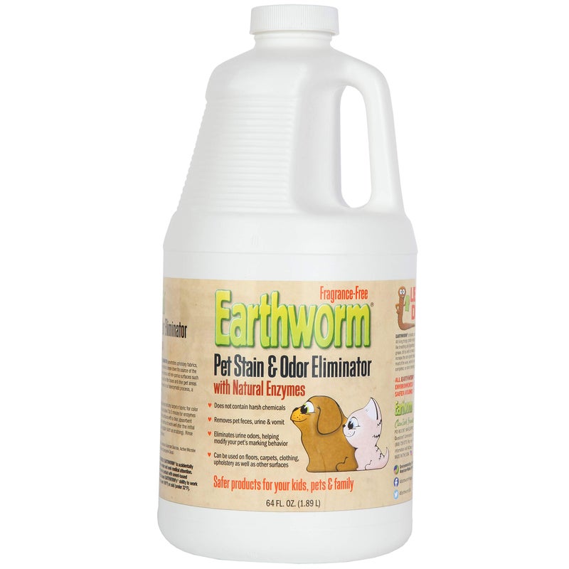 Earthworm Pet Stain Remover & Odor Eliminator- Removes Urine Smell with Natural Enzyme Formula, Fragrance Free Spray - 64 oz