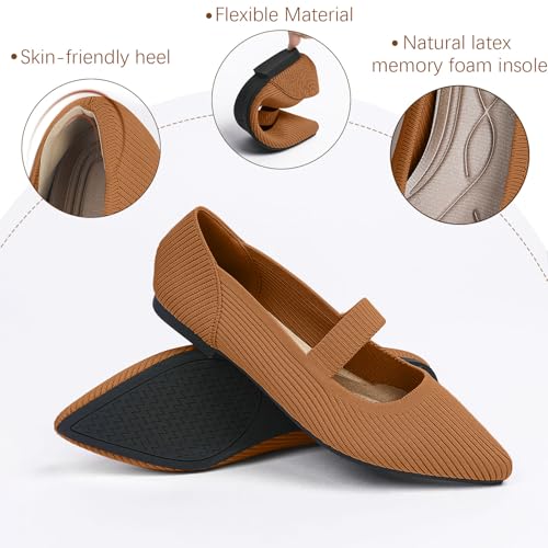 TINGRISE Women's Flats Shoes Pointed Toe Knit Washable Ballet Comfortable Dressy Mary Jane Flat Brown US6.5 - Image 2