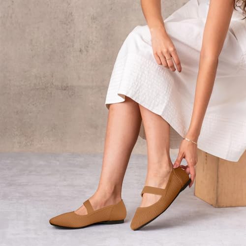 TINGRISE Women's Flats Shoes Pointed Toe Knit Washable Ballet Comfortable Dressy Mary Jane Flat Brown US6.5 - Image 4