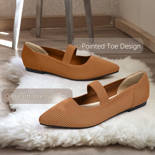 TINGRISE Women's Flats Shoes Pointed Toe Knit Washable Ballet Comfortable Dressy Mary Jane Flat Brown US6.5 - Image 3