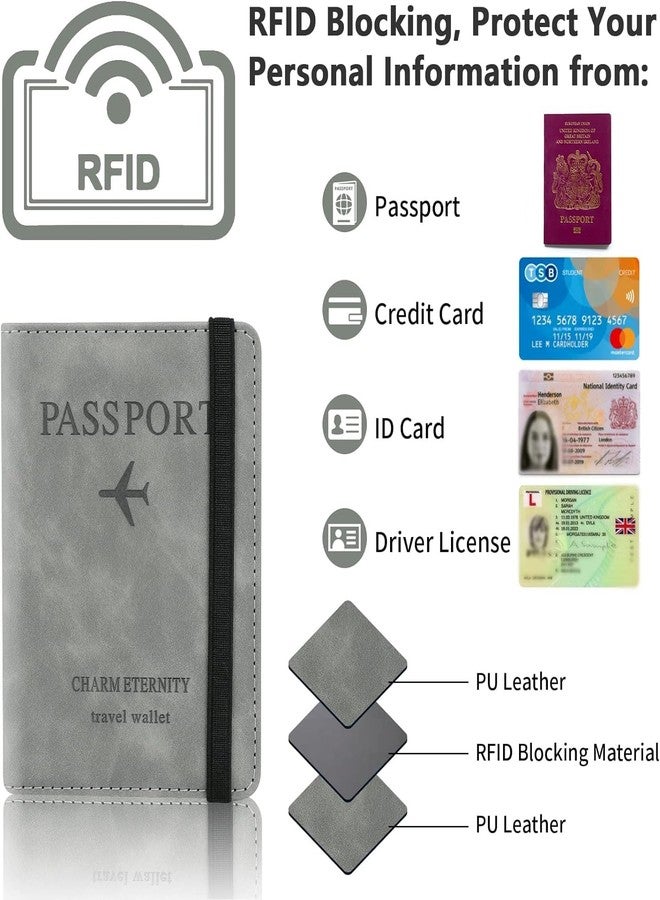 SPELLWISH RFID Blocking Passport Holder Travel Essentials, Passport Wallet for Men and Women, Multifunction Travel Document Holder, PU Leather Card Case Cover with Elastic Band Closure - Image 2