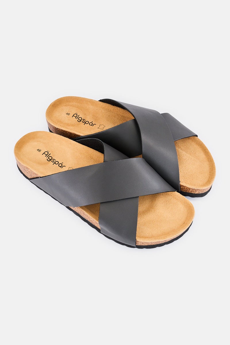 Algspar Men Leather Slip On Cork Sandals, Dark Grey - Image 2