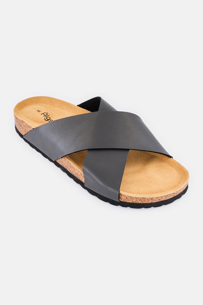 Algspar Men Leather Slip On Cork Sandals, Dark Grey - Image 1