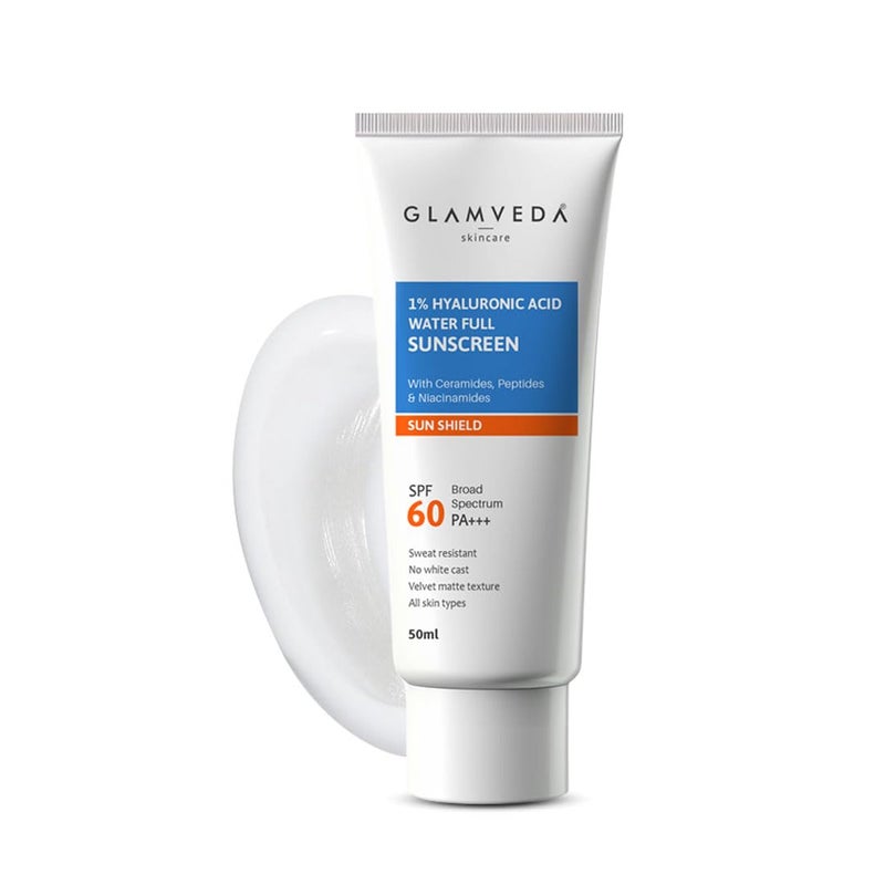 Glamveda UltraLight SPF 60 PA Sunscreen 50 ml  WaterFull Hydration with 1 Hyaluronic Acid Ceramides Peptides  Niacinamide  Broad Spectrum  AntiAging No White Cast All Skin Types - Image 1
