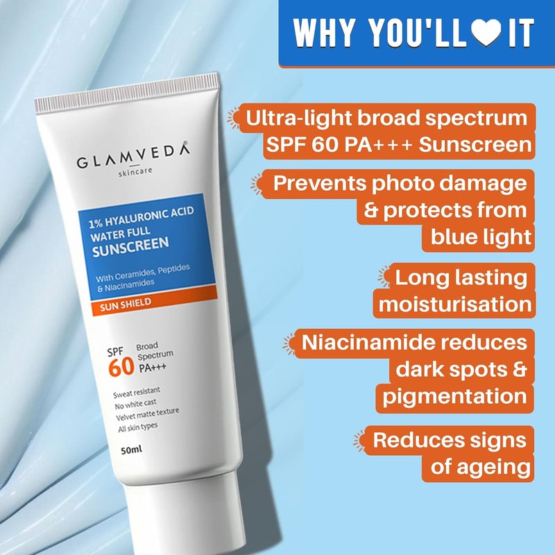 Glamveda UltraLight SPF 60 PA Sunscreen 50 ml  WaterFull Hydration with 1 Hyaluronic Acid Ceramides Peptides  Niacinamide  Broad Spectrum  AntiAging No White Cast All Skin Types - Image 3