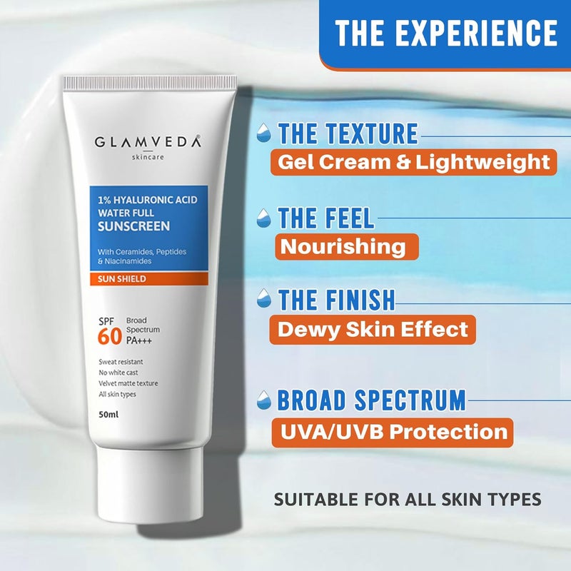 Glamveda UltraLight SPF 60 PA Sunscreen 50 ml  WaterFull Hydration with 1 Hyaluronic Acid Ceramides Peptides  Niacinamide  Broad Spectrum  AntiAging No White Cast All Skin Types - Image 5