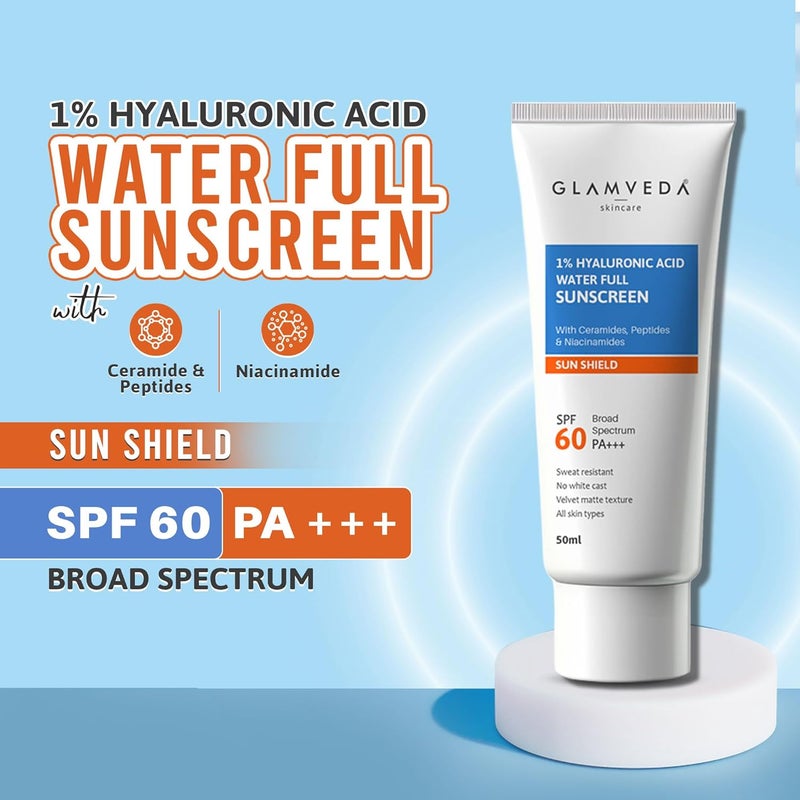 Glamveda UltraLight SPF 60 PA Sunscreen 50 ml  WaterFull Hydration with 1 Hyaluronic Acid Ceramides Peptides  Niacinamide  Broad Spectrum  AntiAging No White Cast All Skin Types - Image 2
