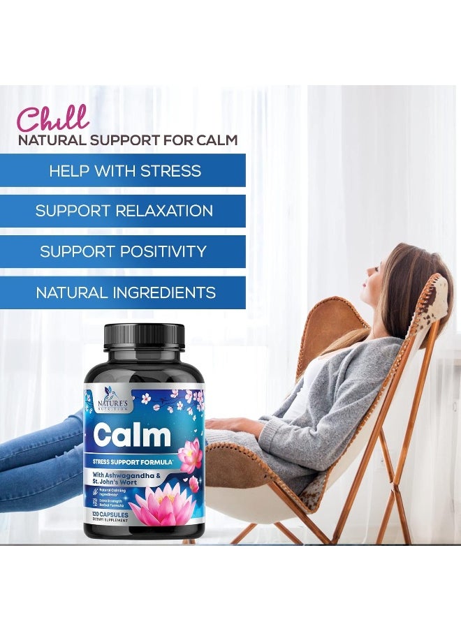 Nature's Nutrition - Nature's Nutrition Calm & Stress Support Supplement - with Magnesium, Ashwagandha, 5-HTP, L-Theanine, GABA - Natural Stress & Immune Support to Relax, Focus, Unwind - Vegan & Non-GMO - 120 Capsules - Image 1
