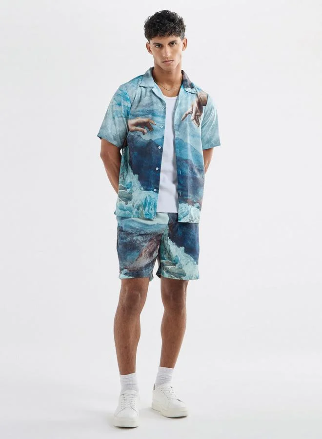 Splash FAV All-Over Graphic Print Shirt with Camp Collar and Short Sleeves