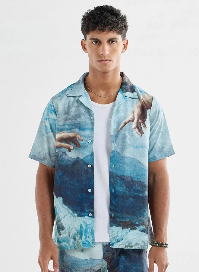 Splash FAV All-Over Graphic Print Shirt with Camp Collar and Short Sleeves