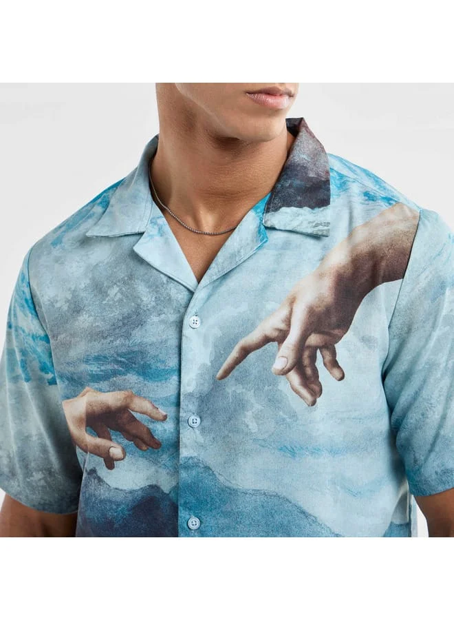 Splash FAV All-Over Graphic Print Shirt with Camp Collar and Short Sleeves