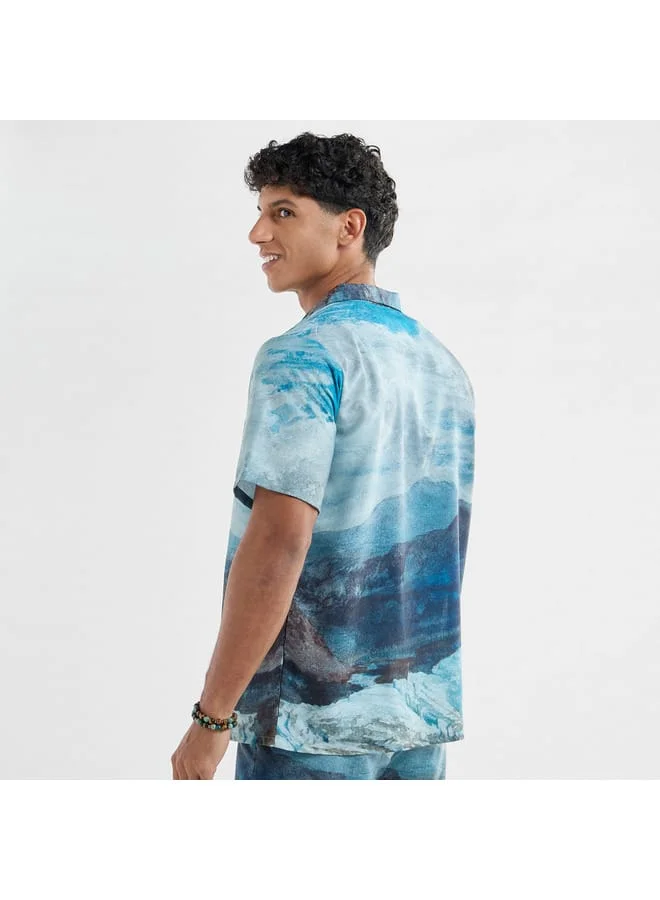 Splash FAV All-Over Graphic Print Shirt with Camp Collar and Short Sleeves