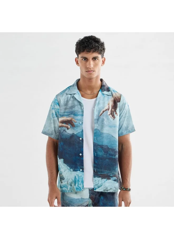 FAV All-Over Graphic Print Shirt with Camp Collar and Short Sleeves