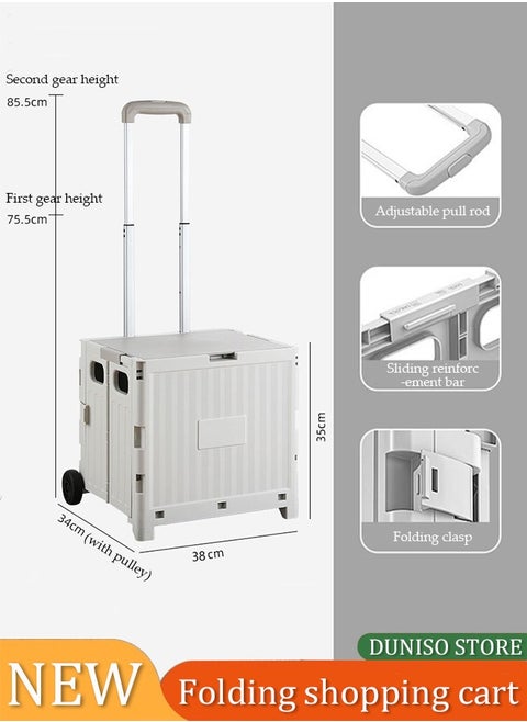 Folding shopping cart, portable small cart with lid and two pulleys, adjustable height, suitable for mobile, grocery shopping, luggage, grey