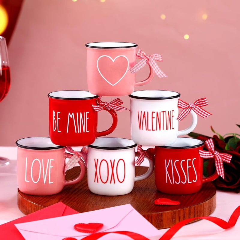Suttmin 6 Pcs Valentines Day Mini Coffee Mugs with Ribbon Love Mini Coffee Cups Valentines Tiered Tray Decor for Anniversary Wedding Table Centerpieces Decoration - Image 1