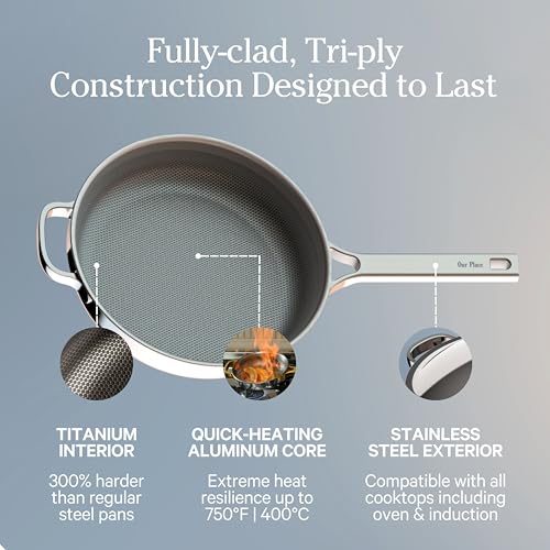Our Place Titanium Always Pan Pro - 10.6” (2.8 Qt) No-Coating Nonstick Skillet | Tri-Ply Titanium & Stainless Steel | Safe for Oven, Induction & All Cooktops up to 750°F | Includes Spatula | Gold - Image 4