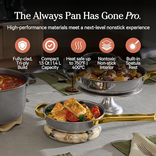Our Place Titanium Always Pan Pro - 10.6” (2.8 Qt) No-Coating Nonstick Skillet | Tri-Ply Titanium & Stainless Steel | Safe for Oven, Induction & All Cooktops up to 750°F | Includes Spatula | Gold - Image 2