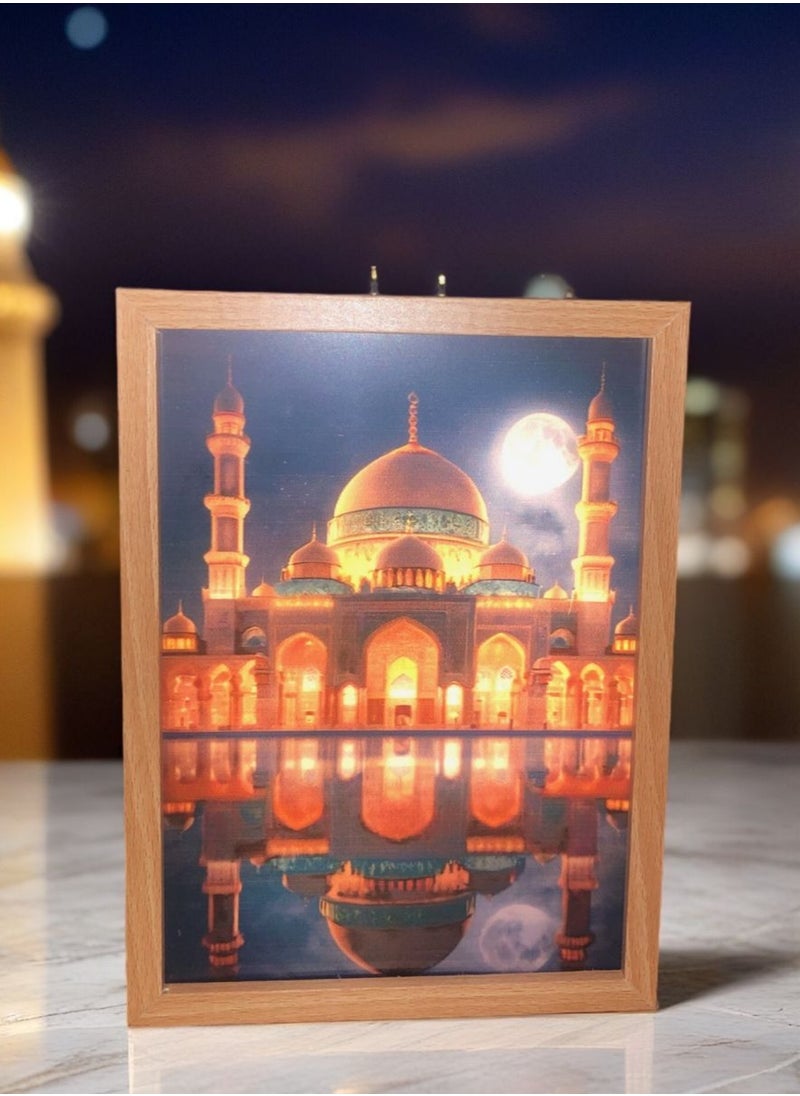 Generic - Mosque desk lamp, wooden illuminated panel, size 14 * 19 cm, panel with Ramadan shapes, works with a USB connection. You can control the lighting from the connection. It is equipped with 3 lights, white, yellow and warm. - Image 1