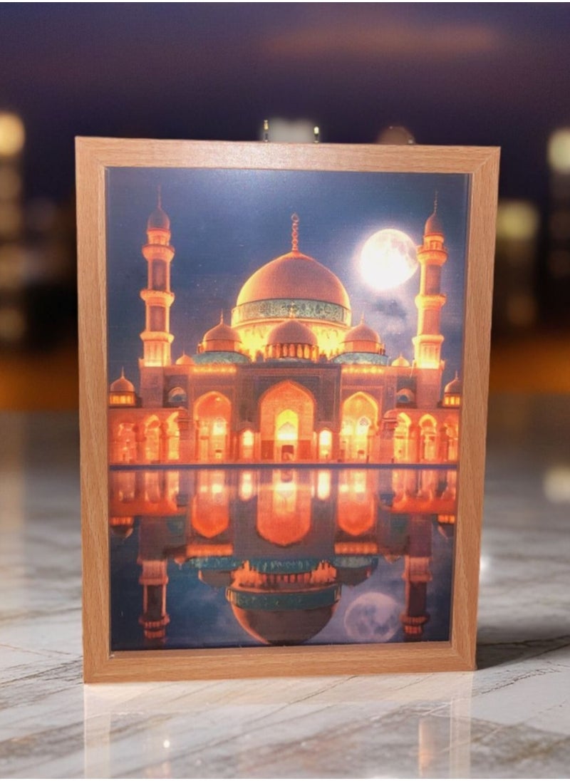 Generic - Mosque desk lamp, wooden illuminated panel, size 14 * 19 cm, panel with Ramadan shapes, works with a USB connection. You can control the lighting from the connection. It is equipped with 3 lights, white, yellow and warm. - Image 1