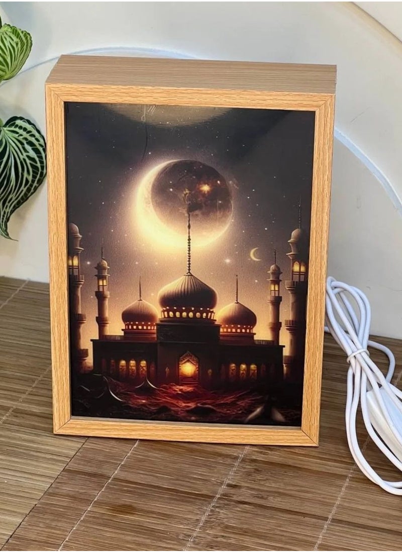 Generic - Mosque desk lamp, wooden illuminated panel, size 14 * 19 cm, panel with Ramadan shapes, works with a USB connection. You can control the lighting from the connection. It is equipped with 3 lights, white, yellow and warm. - Image 1